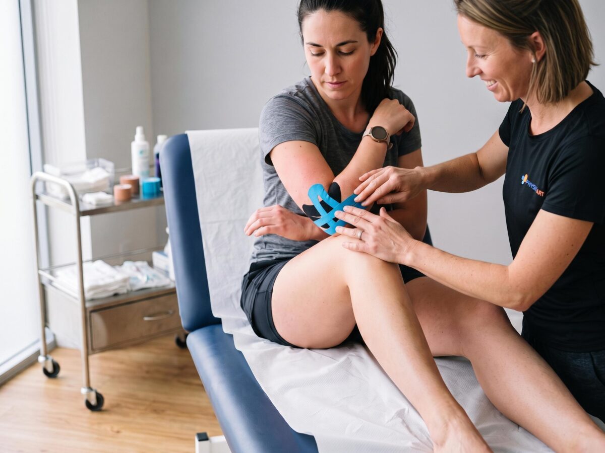 Eine lächelnde Physiotherapeutin bei PhysioArt Basel appliziert blaues und schwarzes Kinesio-Tape zur Behandlung eines Tennisarms am Ellenbogen einer sitzenden Patientin. Die Patientin hat ihren linken Arm angewinkelt, während die Therapeutin das Tape präzise platziert, um den Tennisarm zu tapen.