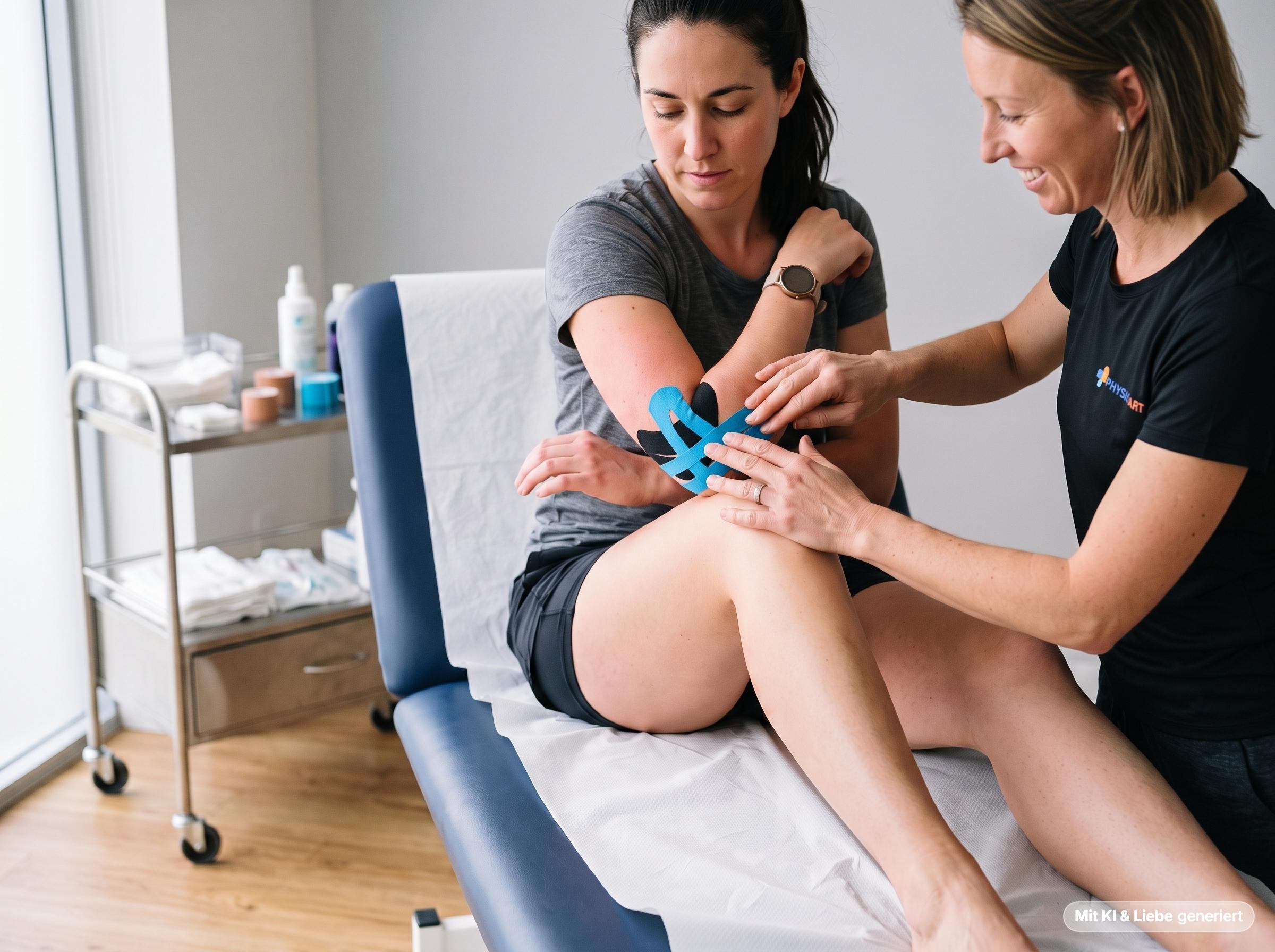 Eine lächelnde Physiotherapeutin bei PhysioArt Basel appliziert blaues und schwarzes Kinesio-Tape zur Behandlung eines Tennisarms am Ellenbogen einer sitzenden Patientin. Die Patientin hat ihren linken Arm angewinkelt, während die Therapeutin das Tape präzise platziert, um den Tennisarm zu tapen.